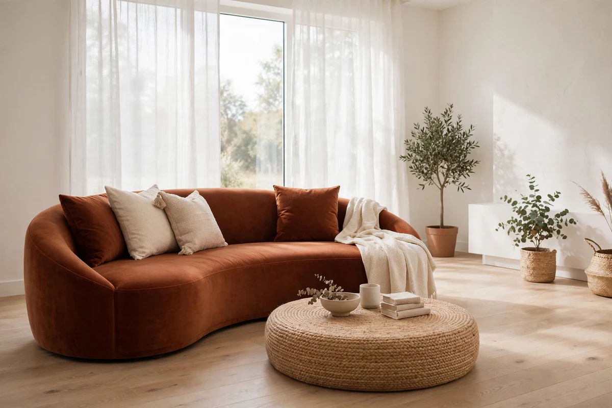 Curved velvet sofa in modern living room with round rug