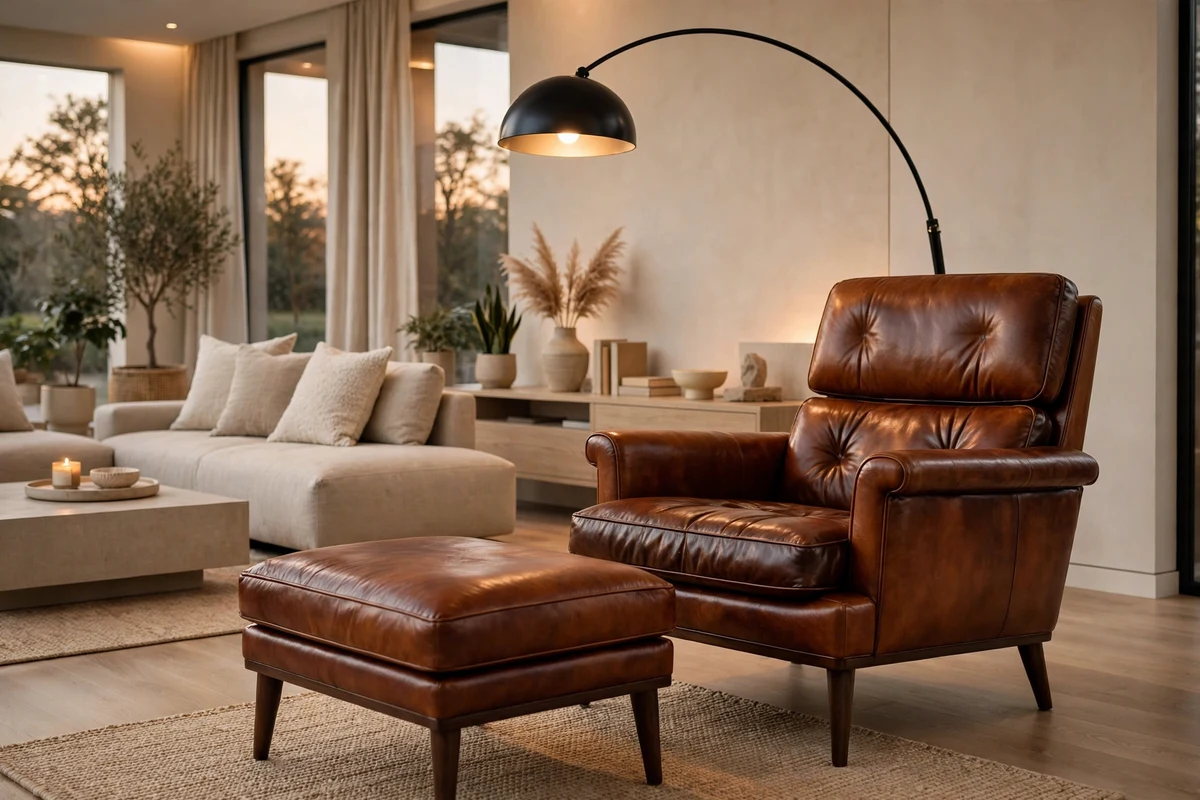 Cognac leather lounge chair with ottoman in modern living room