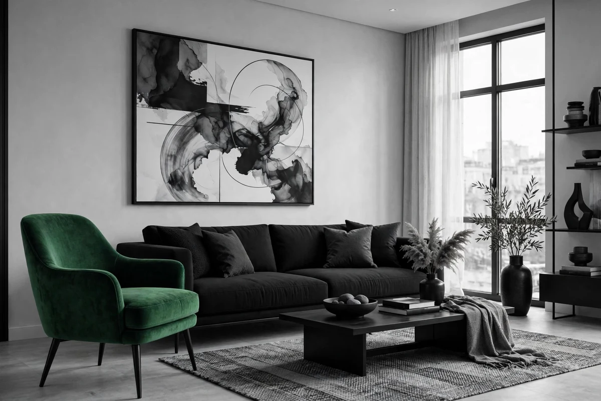 Monochrome modern living room with emerald green accent chair