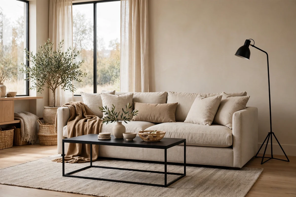 Warm neutral modern living room with black metal accents