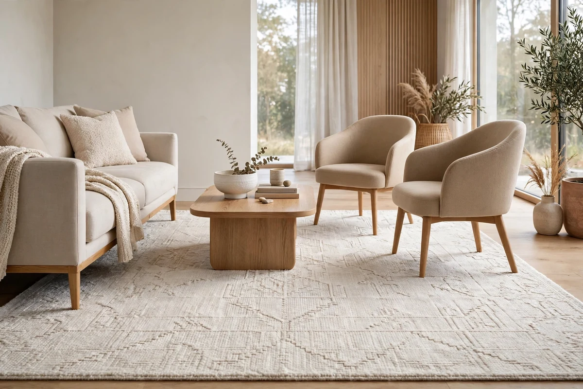 Textured wool area rug grounding modern living room seating