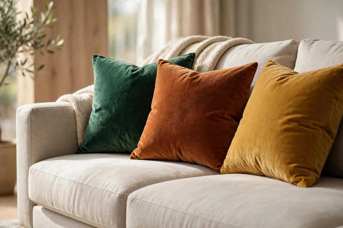 Velvet throw pillows in rich tones on modern neutral sofa