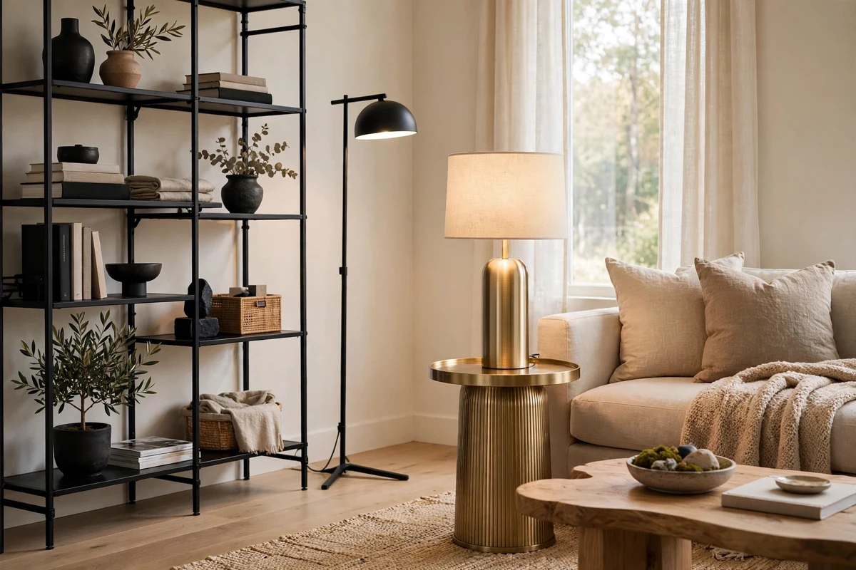 Brushed brass and matte black metal accents in modern living room