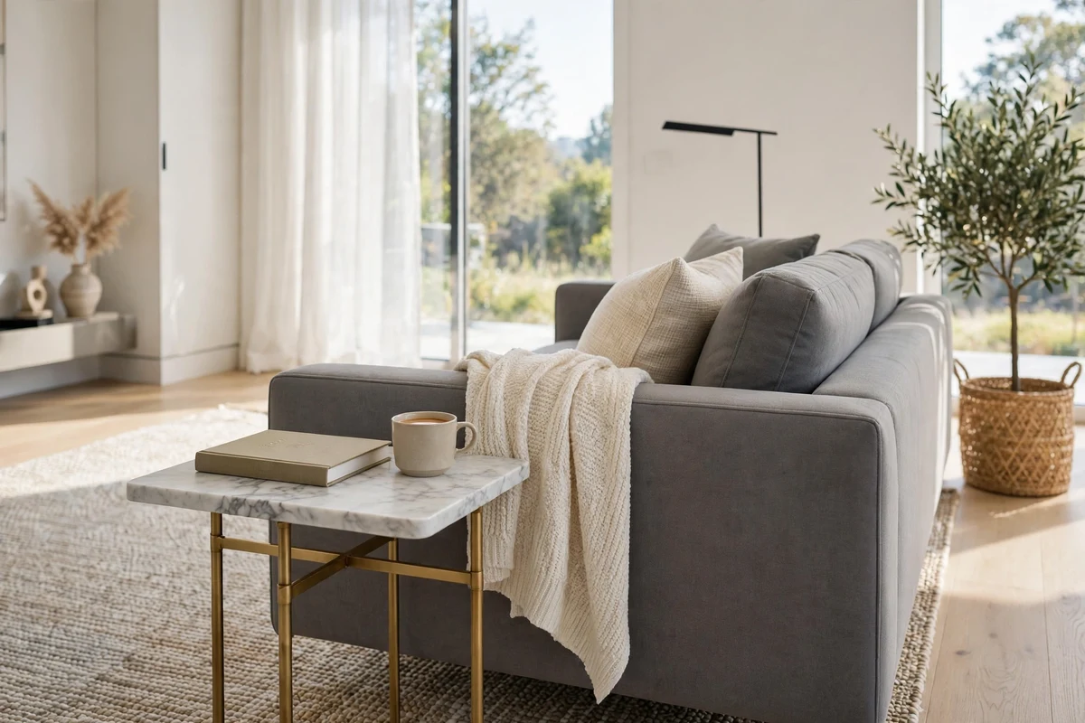 White marble side table beside modern sofa
