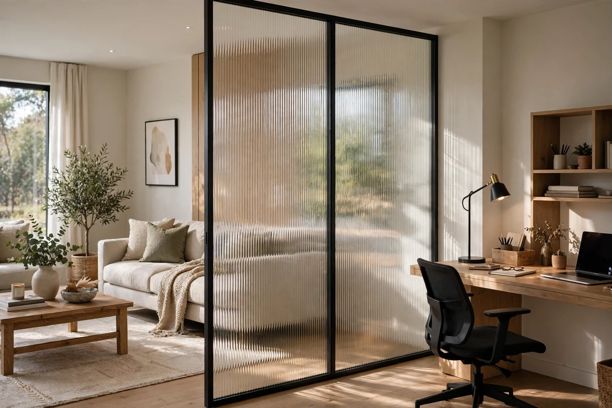 Fluted glass room divider in open-plan modern living room