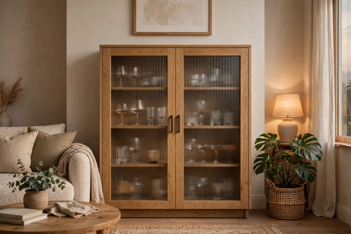 Modern cabinet with ribbed glass doors in living room