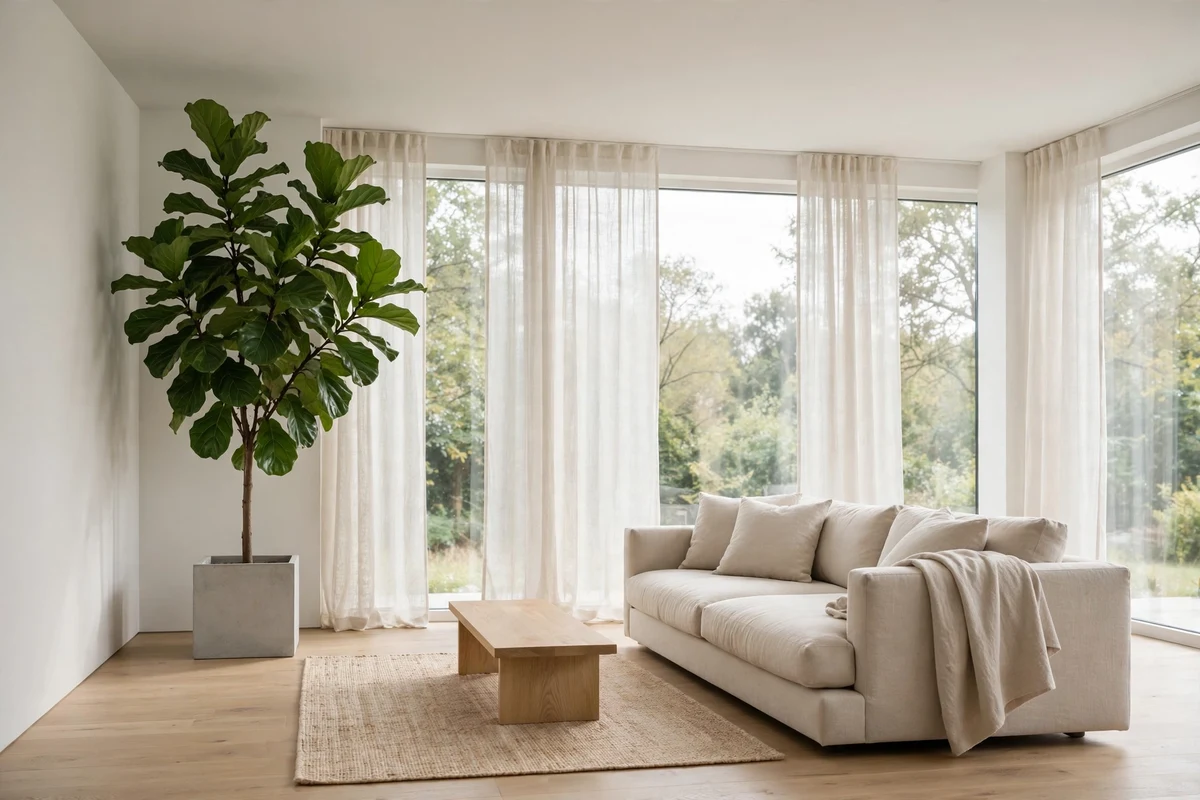 Sculptural fiddle-leaf fig in concrete planter, modern living room
