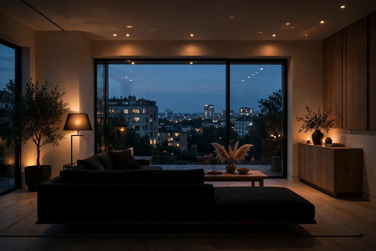 Modern living room with warm smart lighting scene at dusk