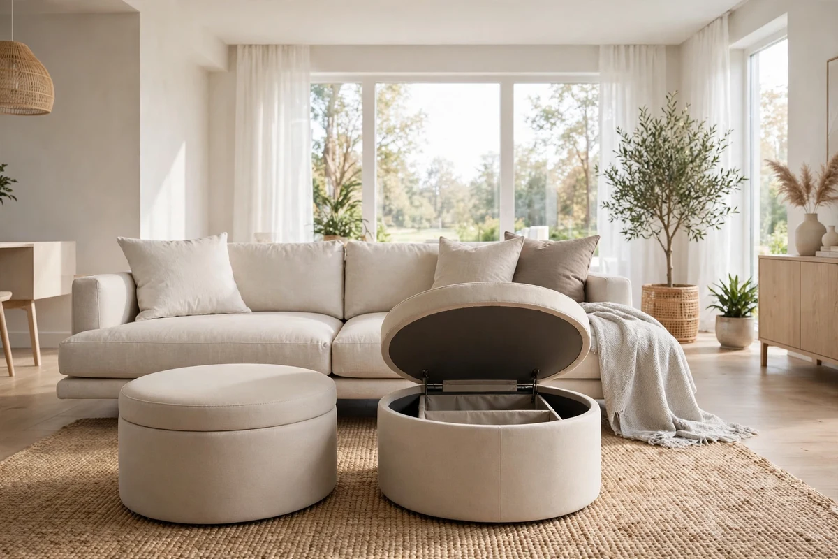 Storage ottomans in modern living room doubling as seating