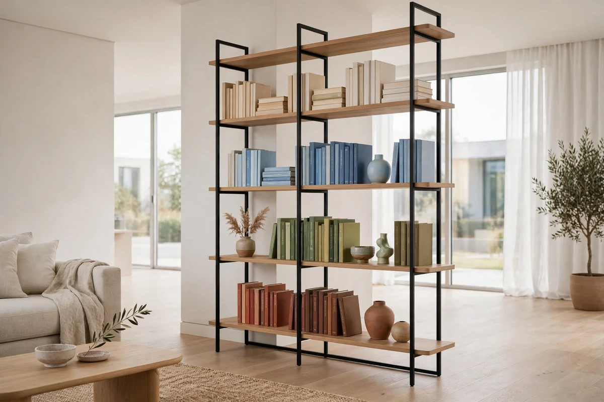 Minimalist black metal and oak bookshelf styled in modern living room