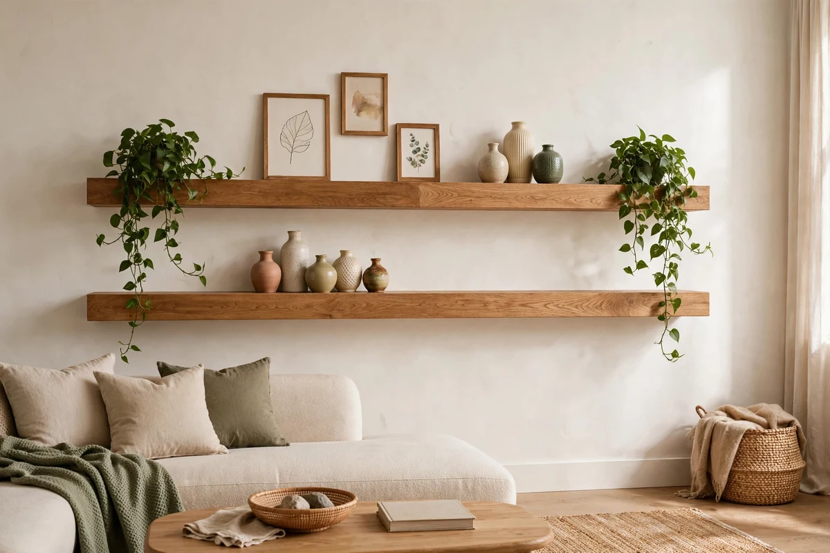 Floating oak shelves styled with objects in modern living room