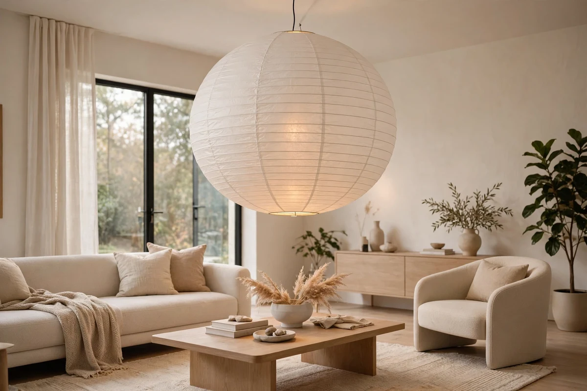Oversized sculptural pendant light in modern living room