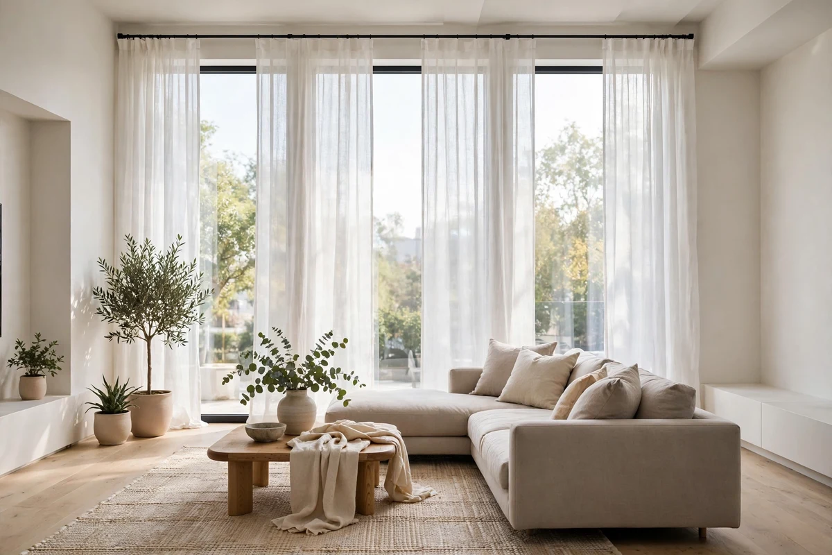 Sheer linen curtains in bright modern living room