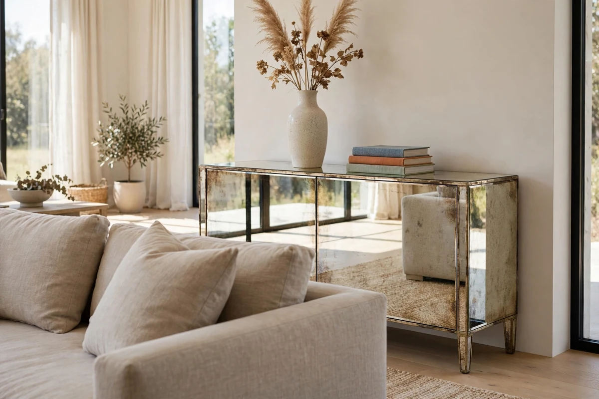 Mirrored console table styled in modern living room