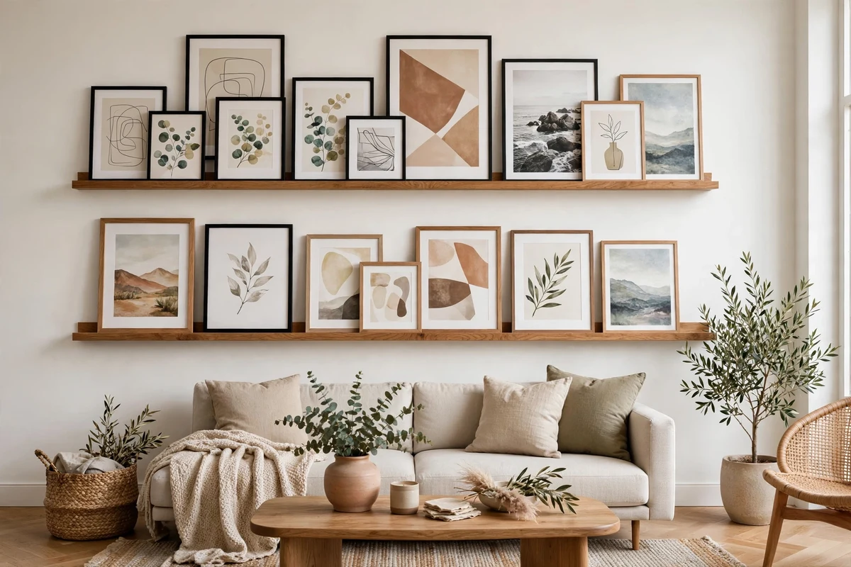 Layered art on picture ledges in modern living room