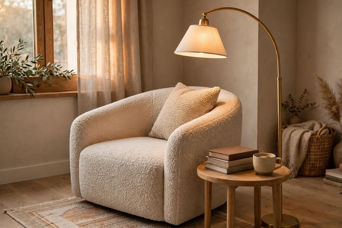 Cozy modern reading corner with armchair and floor lamp