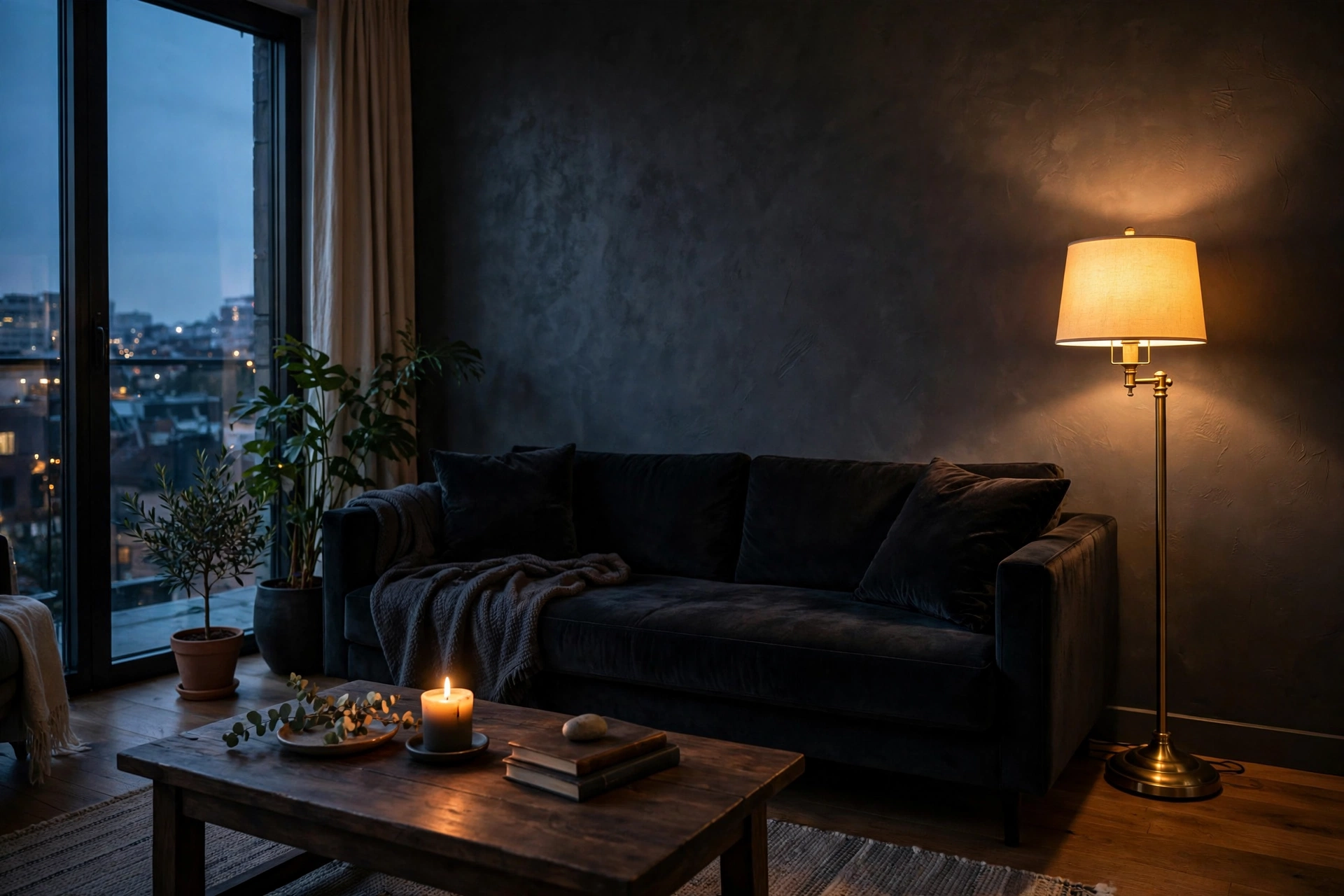 Studio apartment living area with a deep charcoal accent wall behind a black velvet sofa and glowing brass floor lamp