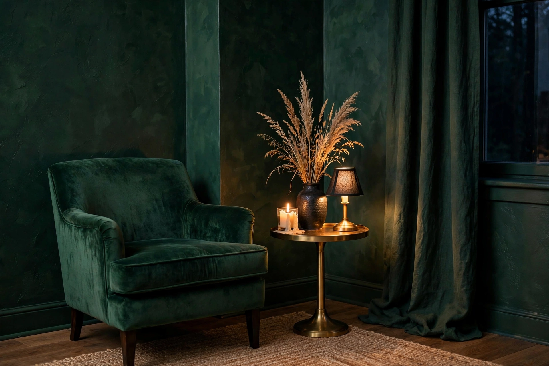 Deep forest green walls in a moody studio apartment with an emerald velvet armchair and brass side table