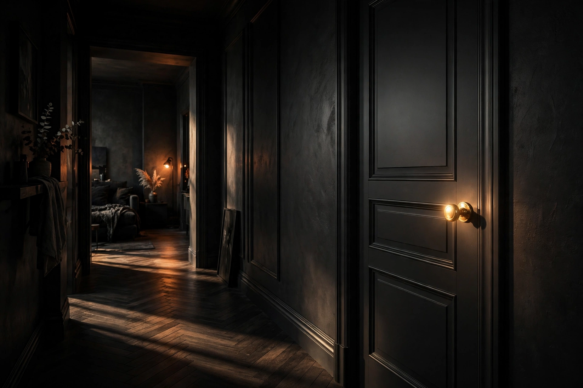 Matte black painted interior door and trim with brass doorknob in a dark moody studio hallway