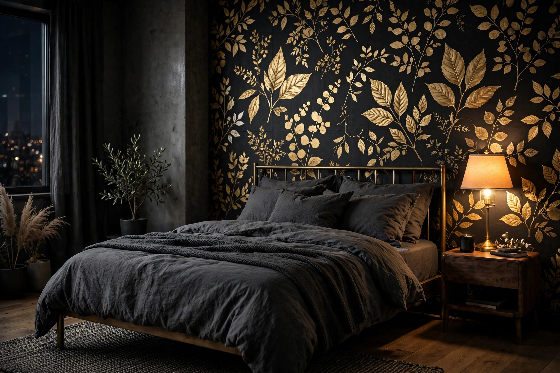 Dark botanical peel-and-stick wallpaper with gold leaves on black behind a bed in a moody studio