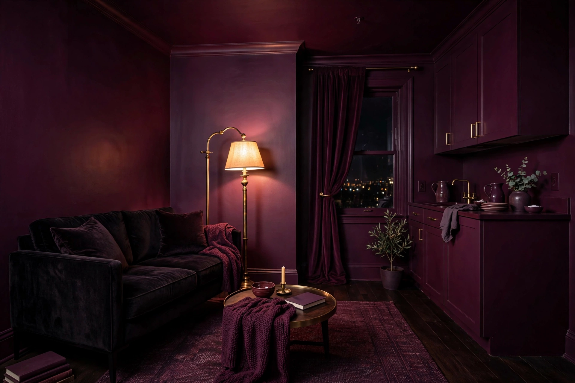 Small studio apartment color-drenched in deep aubergine with walls ceiling and trim all one dark tone