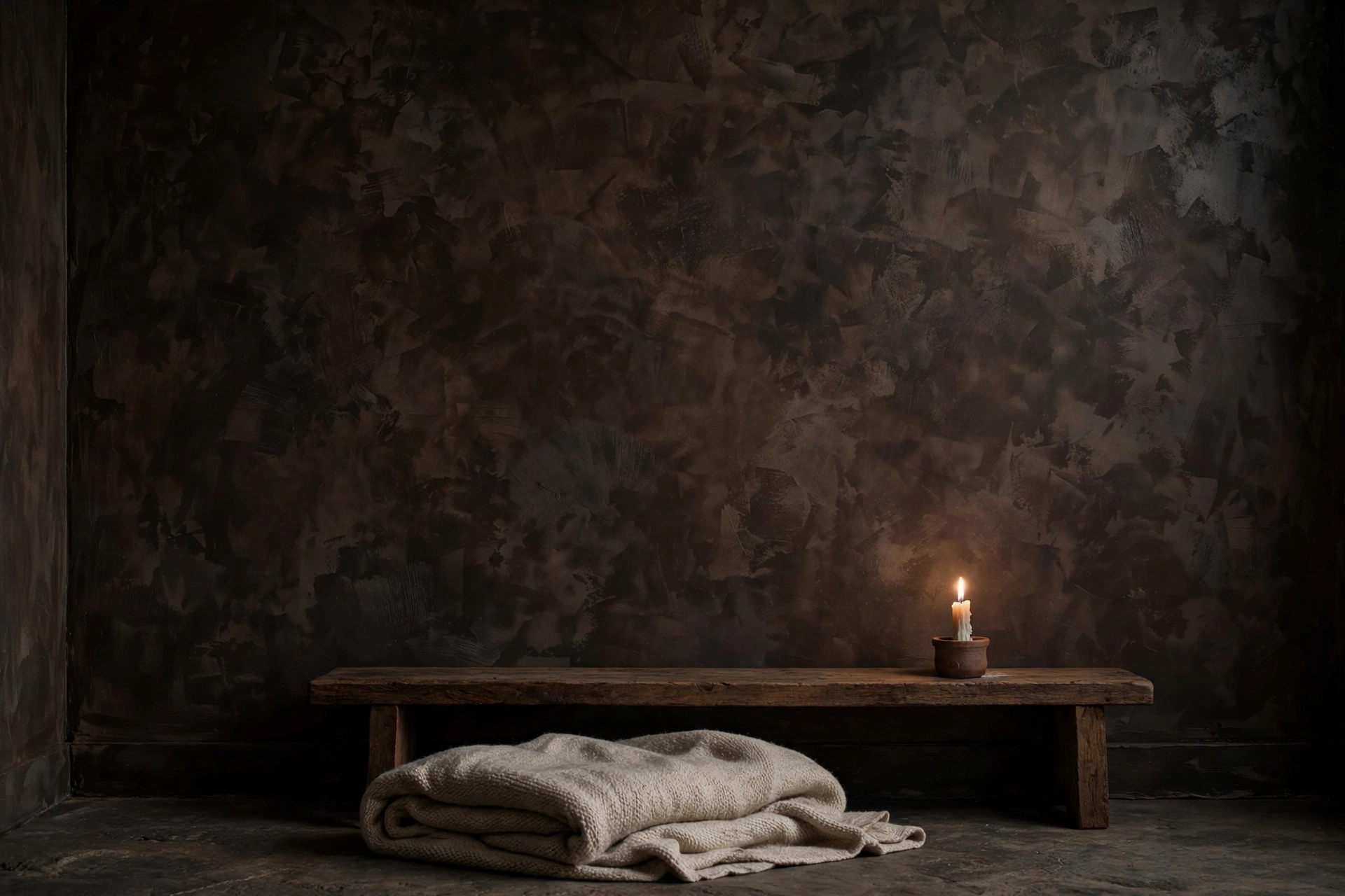 Dark espresso limewash textured plaster wall with visible brush texture and a low wooden bench in a moody studio