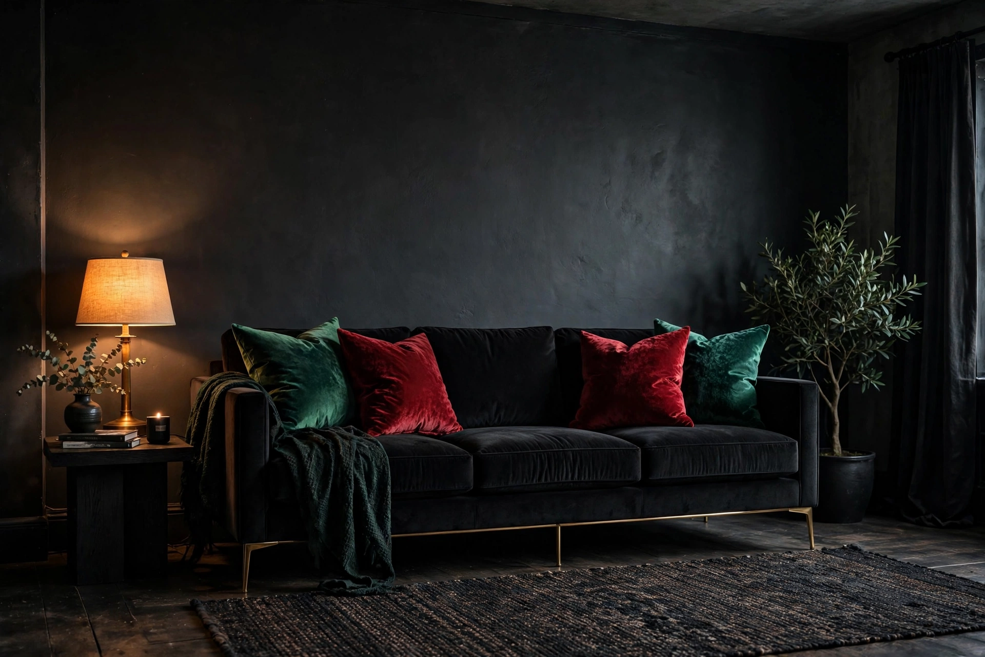 Black velvet three-seat sofa with brass legs and jewel-tone pillows in a dark moody studio living room