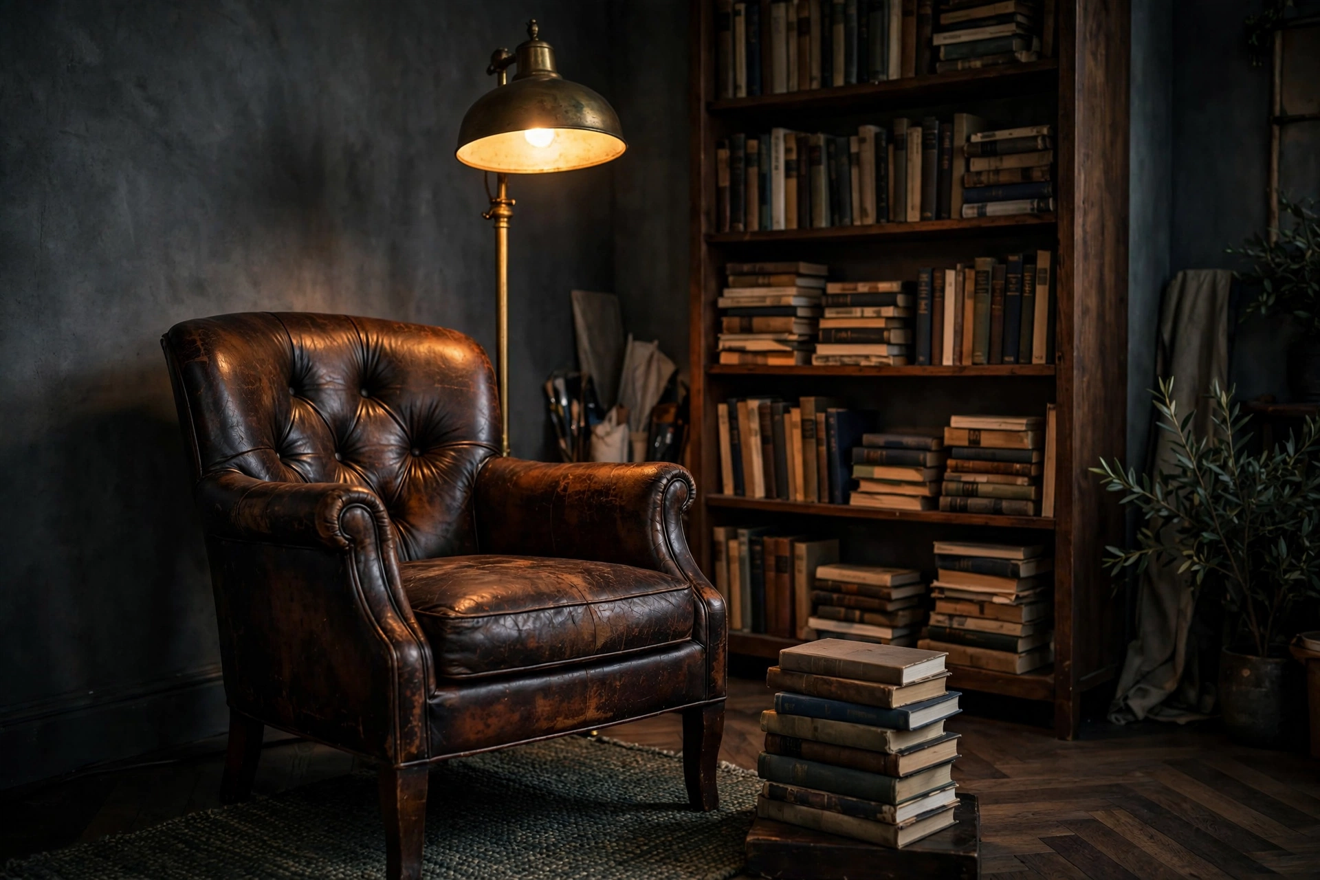 Worn dark brown leather club chair with patina beside a bookshelf in a moody studio reading corner