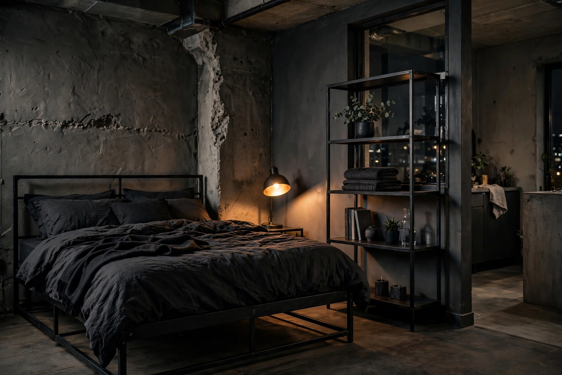 Black metal frame bed and shelving unit forming an industrial moody bedroom corner in a studio