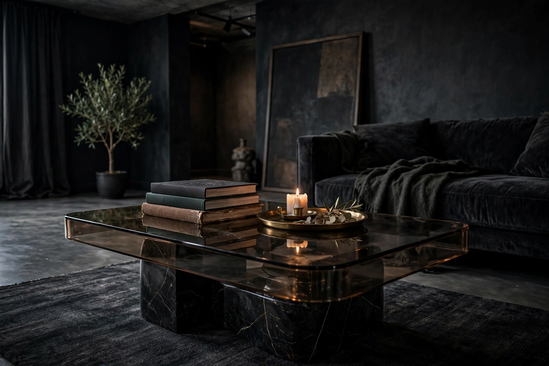 Smoked glass coffee table with black marble base styled with books and a candle in a moody studio
