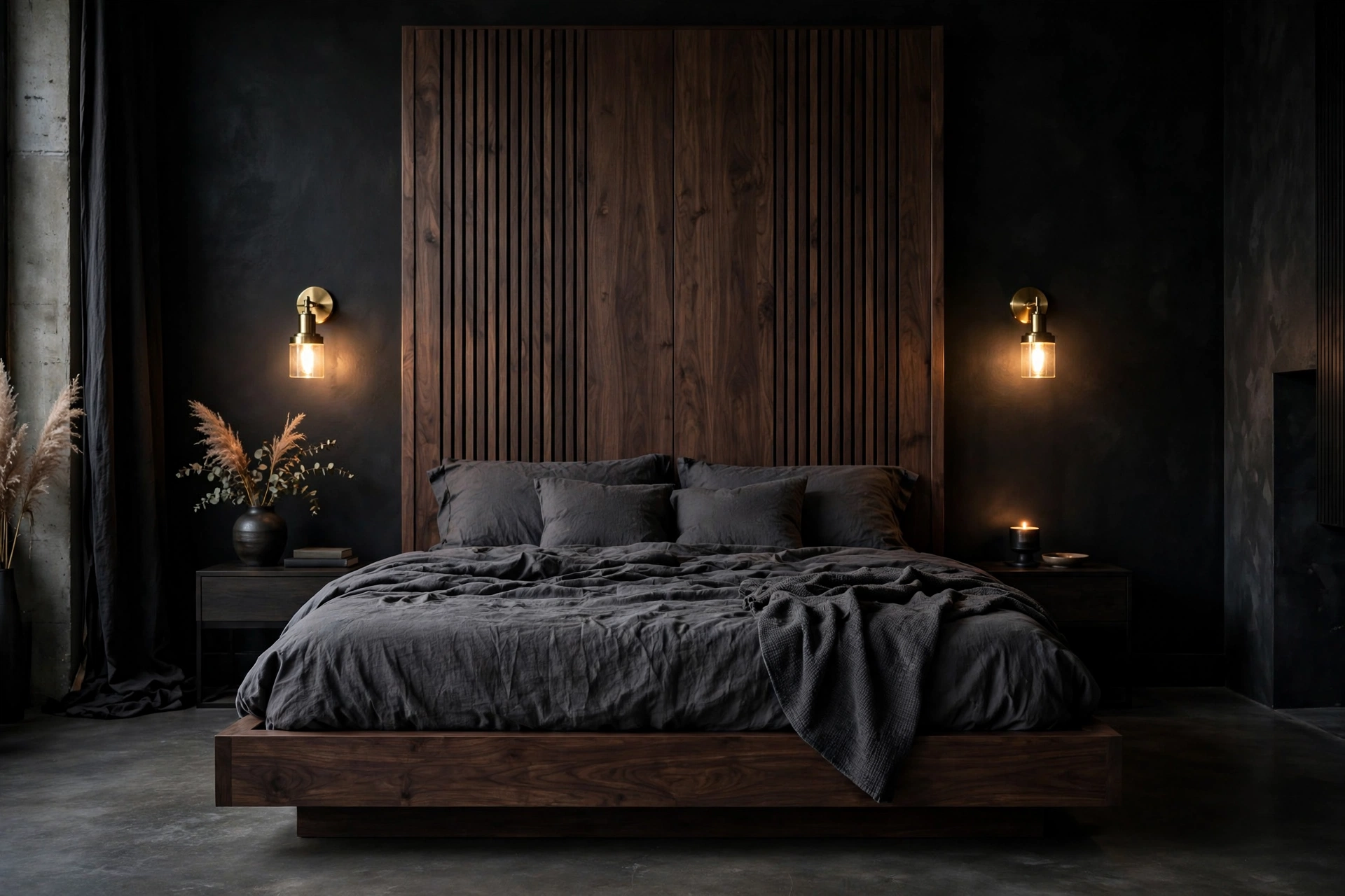 Dark walnut platform bed frame with charcoal bedding against a black wall in a moody studio bedroom zone