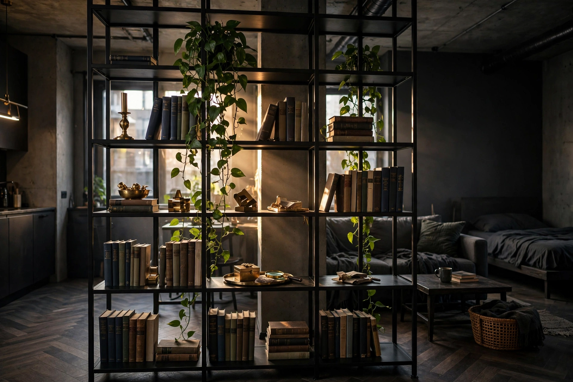 Tall black bookshelf used as a room divider styled with books and brass objects in a dark studio