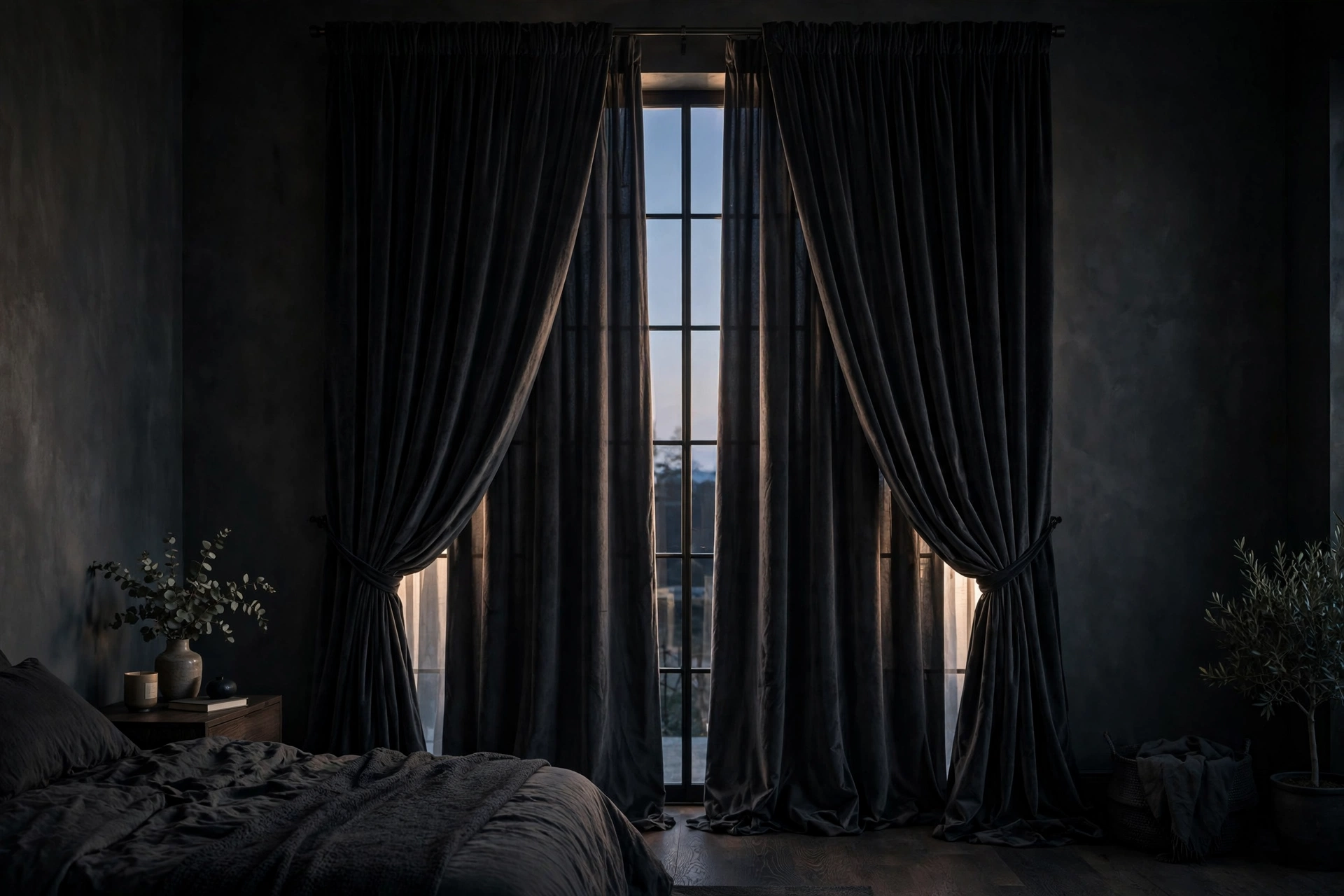 Floor-to-ceiling heavy black velvet blackout curtains drawn in a moody dark studio bedroom