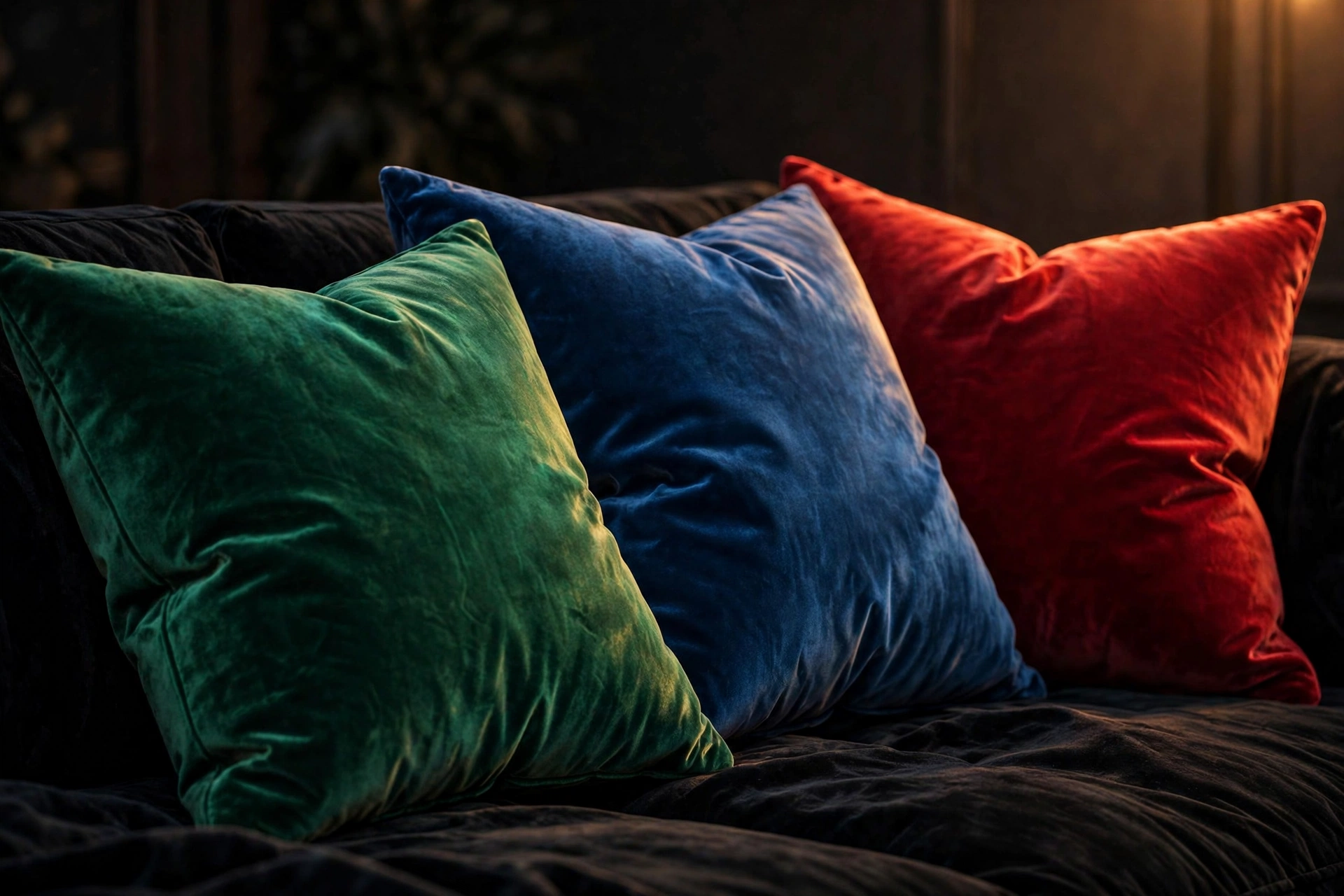 Close-up of jewel-tone velvet throw pillows in emerald sapphire and ruby on a dark sofa