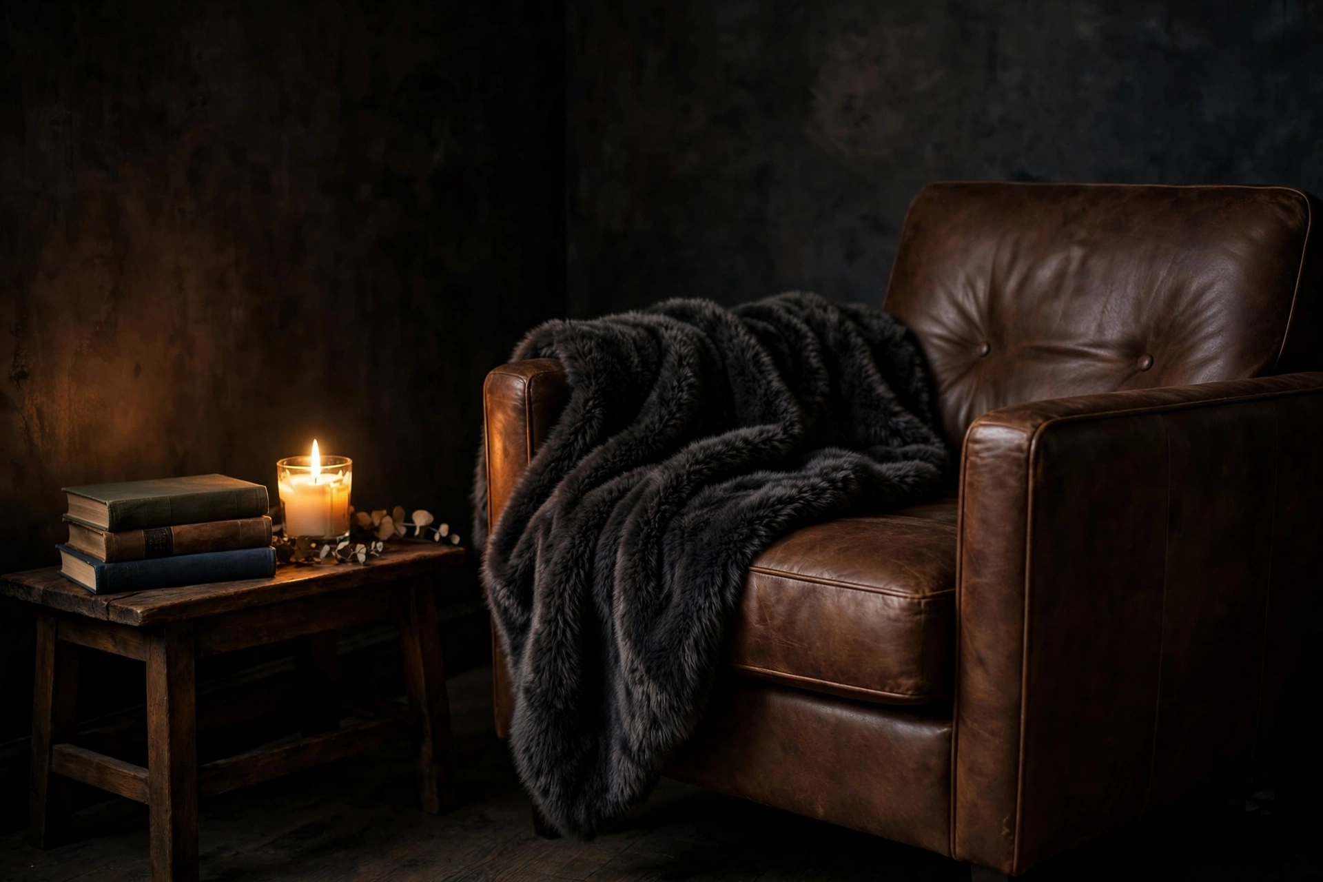 Dark charcoal faux fur throw draped over the arm of a leather chair in a moody studio