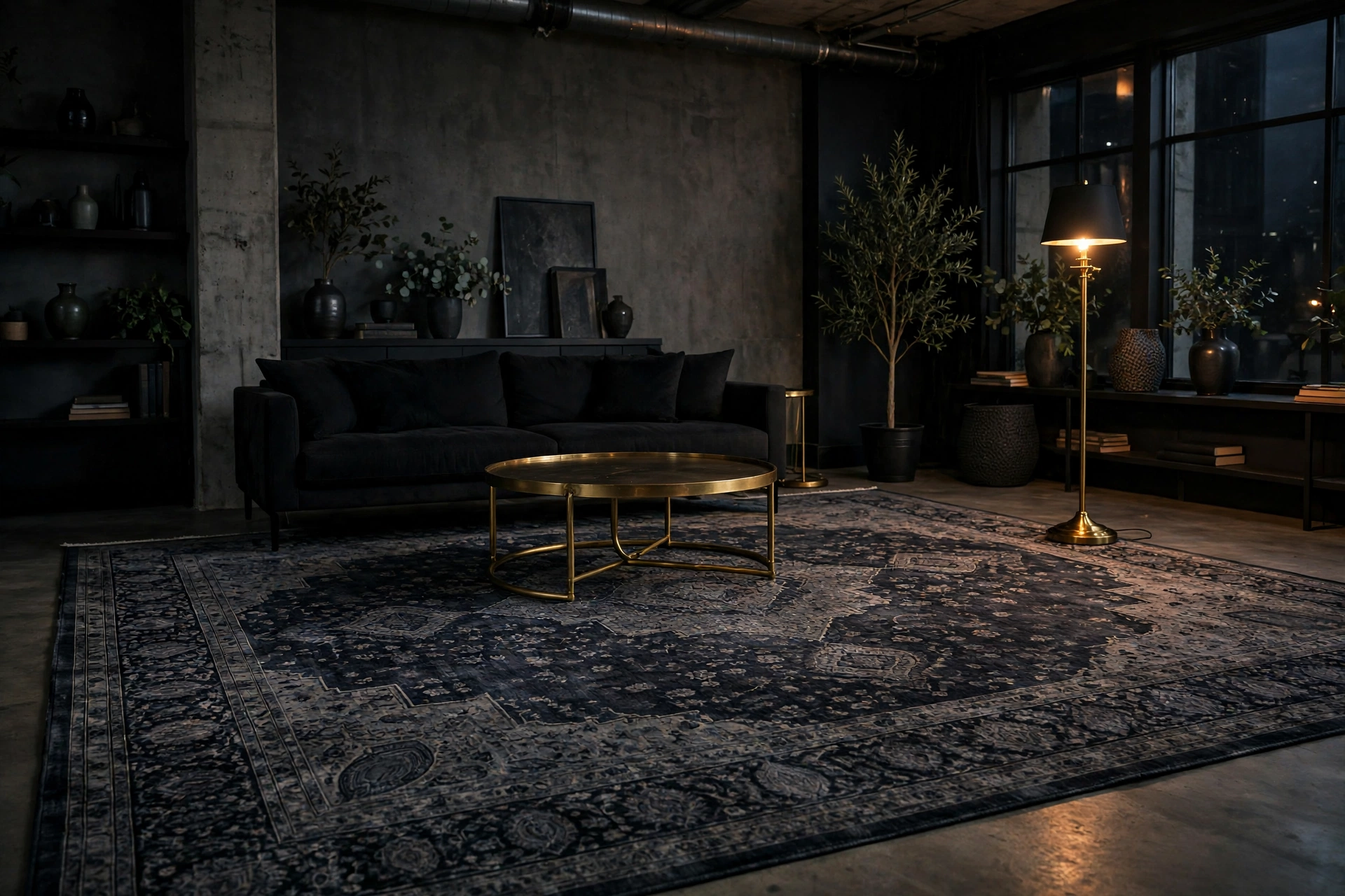 Large charcoal patterned area rug under dark furniture in a moody studio living room