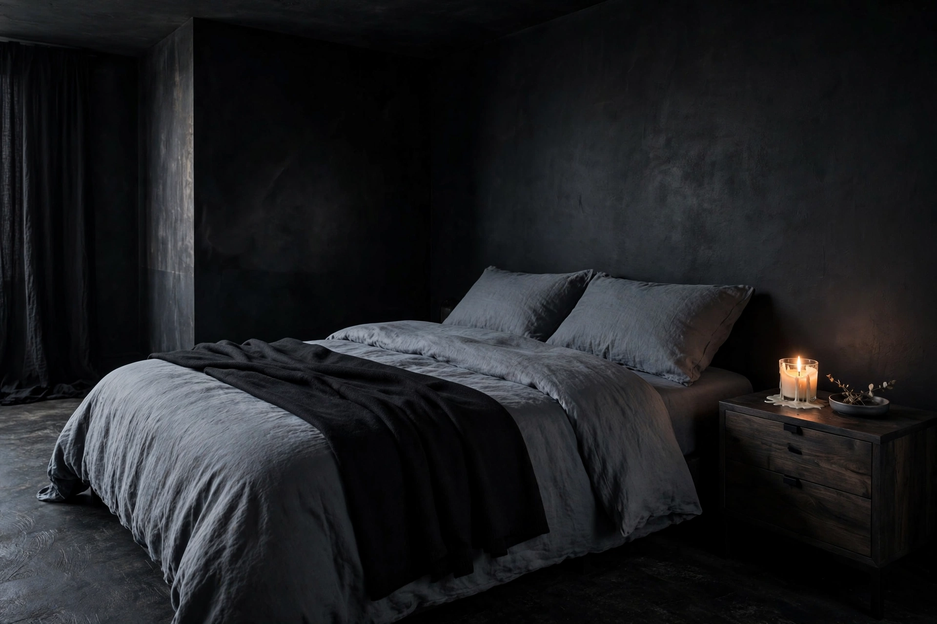 Bed dressed in deep slate linen bedding with a black throw and candle on the nightstand in a moody studio