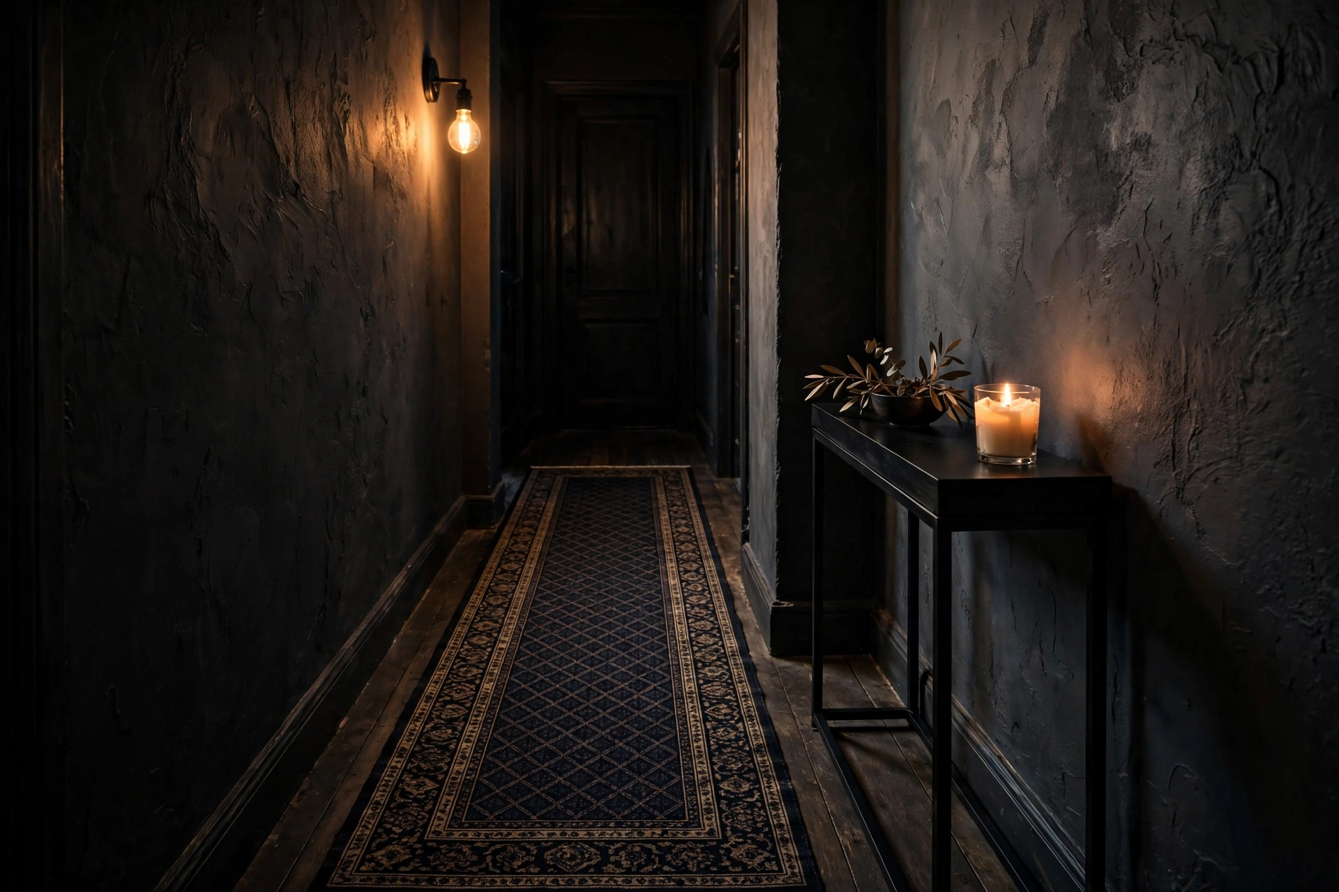 Dark patterned runner rug in a narrow studio entryway beside a black console table