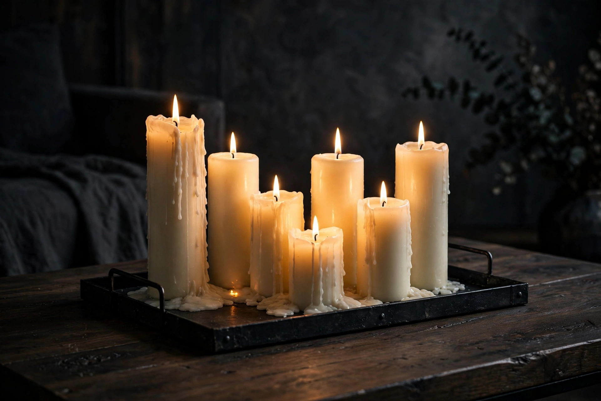 Cluster of pillar candles of varying heights on a black tray glowing in a dark moody room