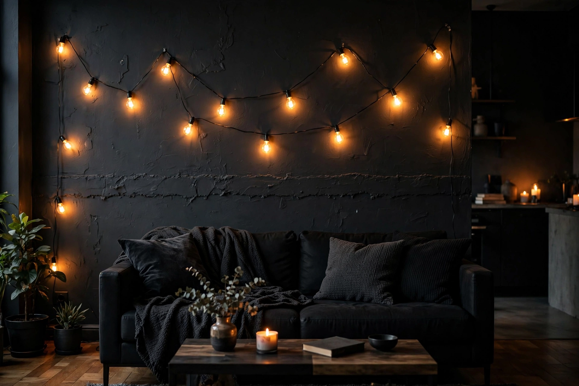 Warm Edison bulb string lights draped along a dark wall above a sofa in a moody studio