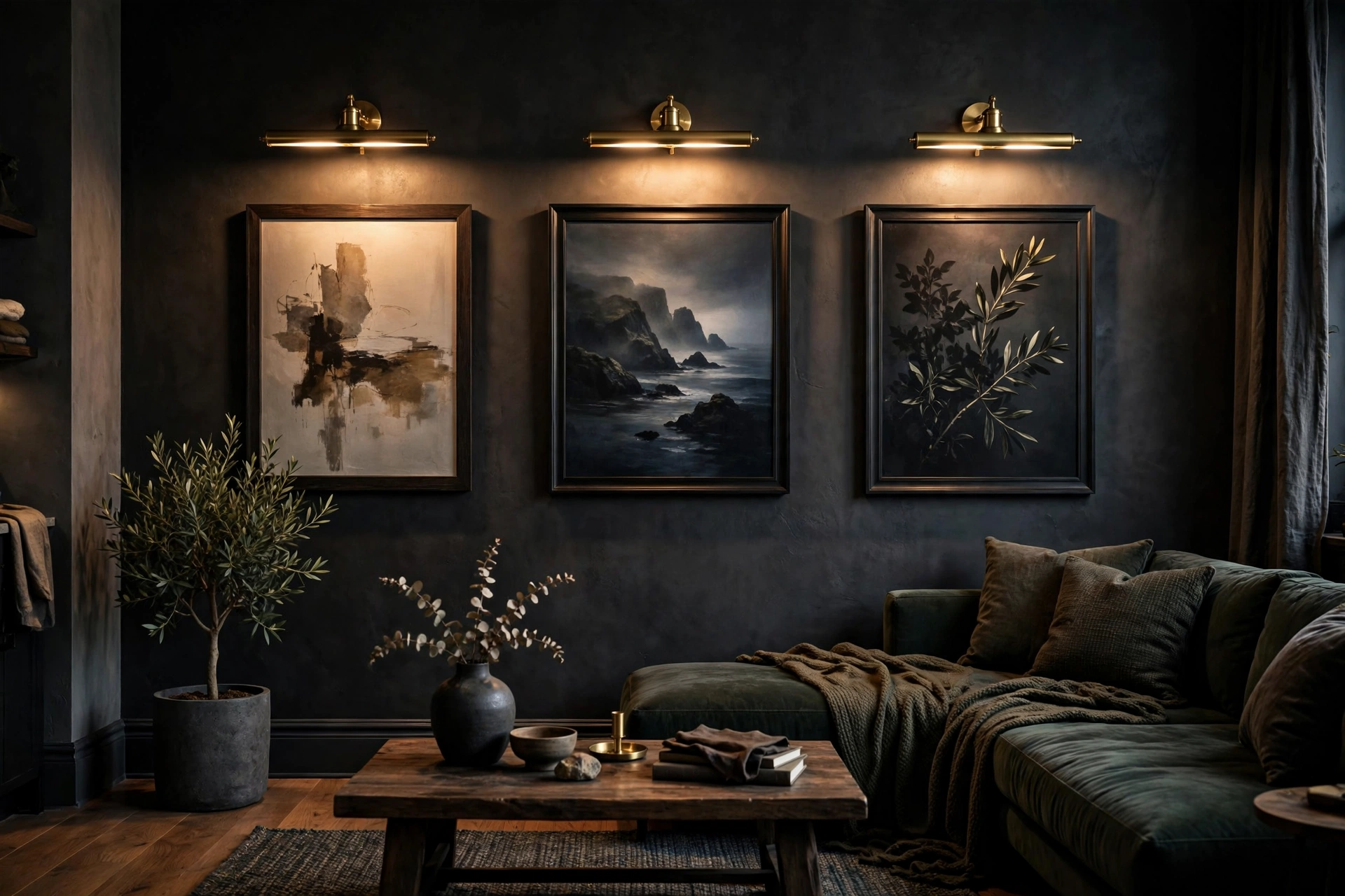 Brass picture lights illuminating dark-framed art on a charcoal wall in a moody studio
