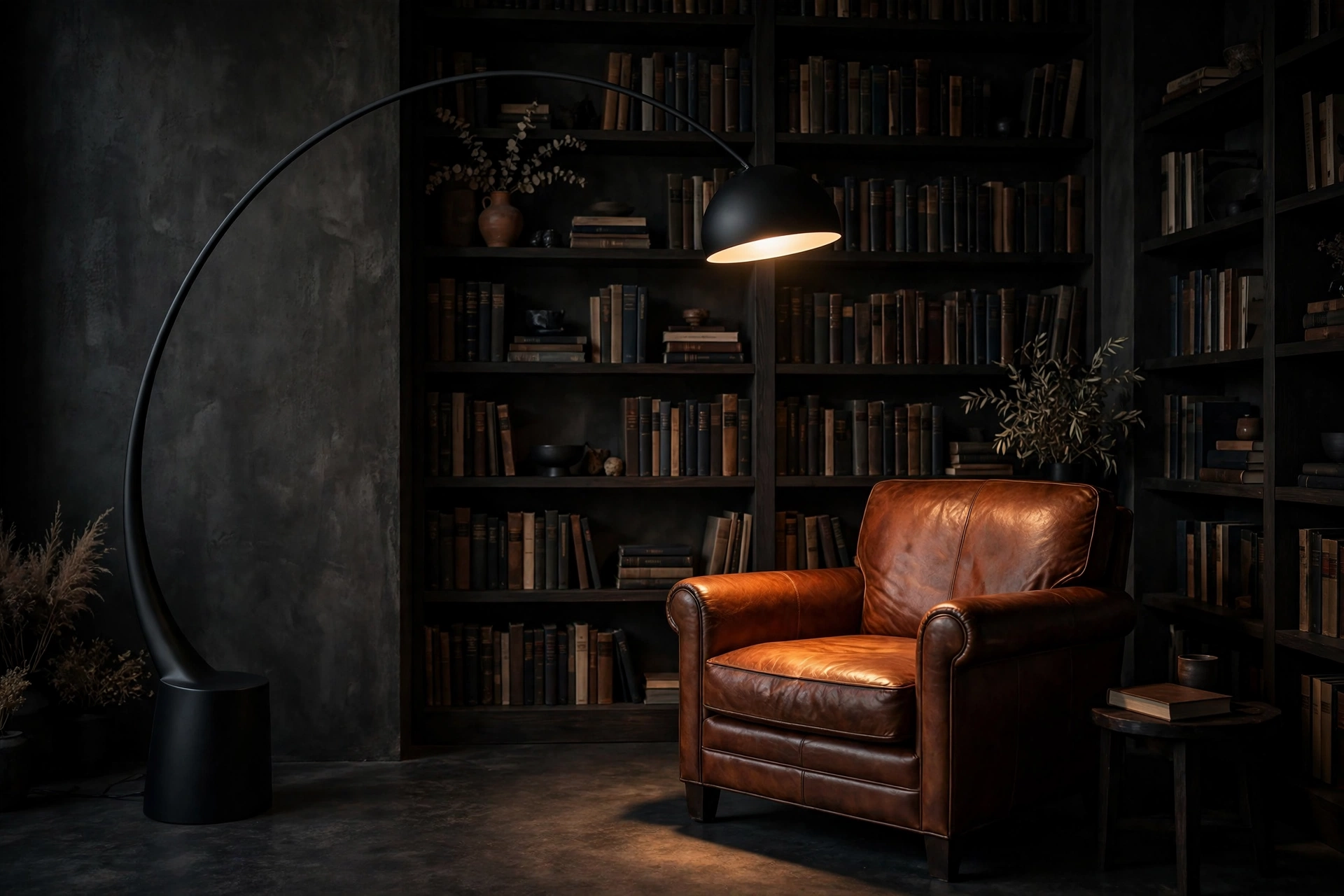 Sculptural matte black arc floor lamp casting a warm pool of light over a reading chair in a dark studio