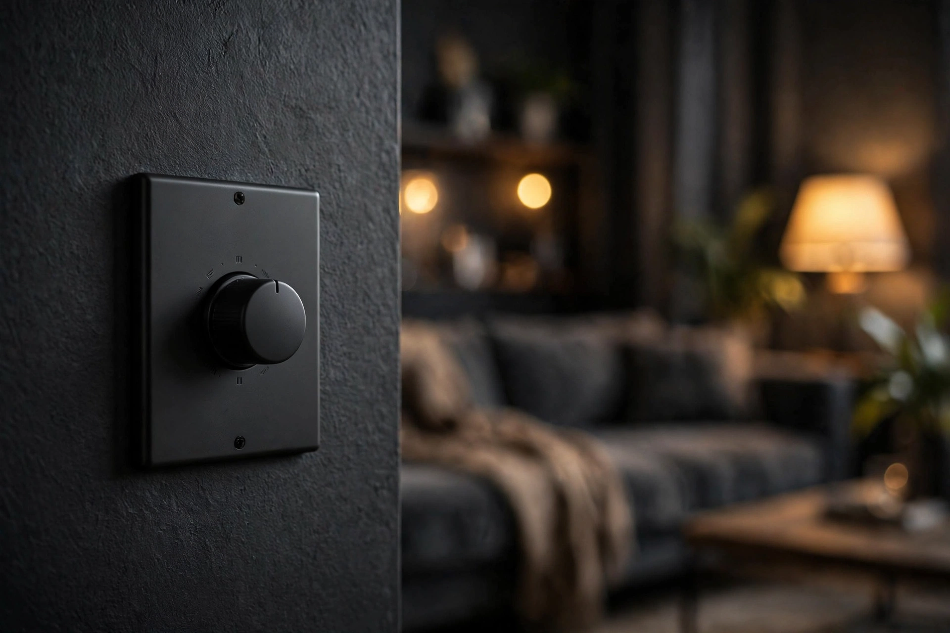 Elegant black dimmer switch plate on a dark wall in a moody studio apartment