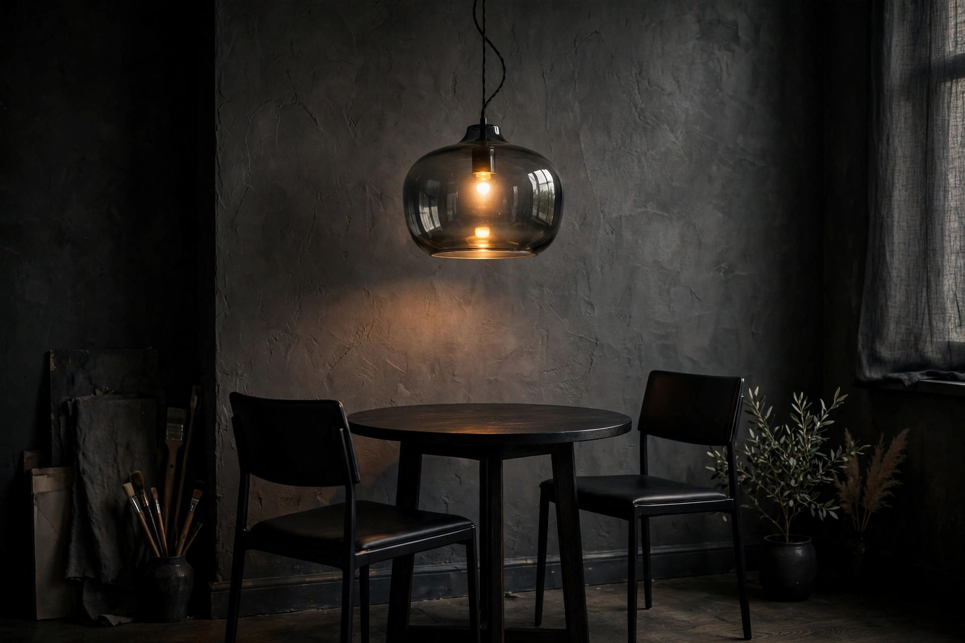 Smoked glass pendant light glowing amber over a small dark dining nook in a moody studio