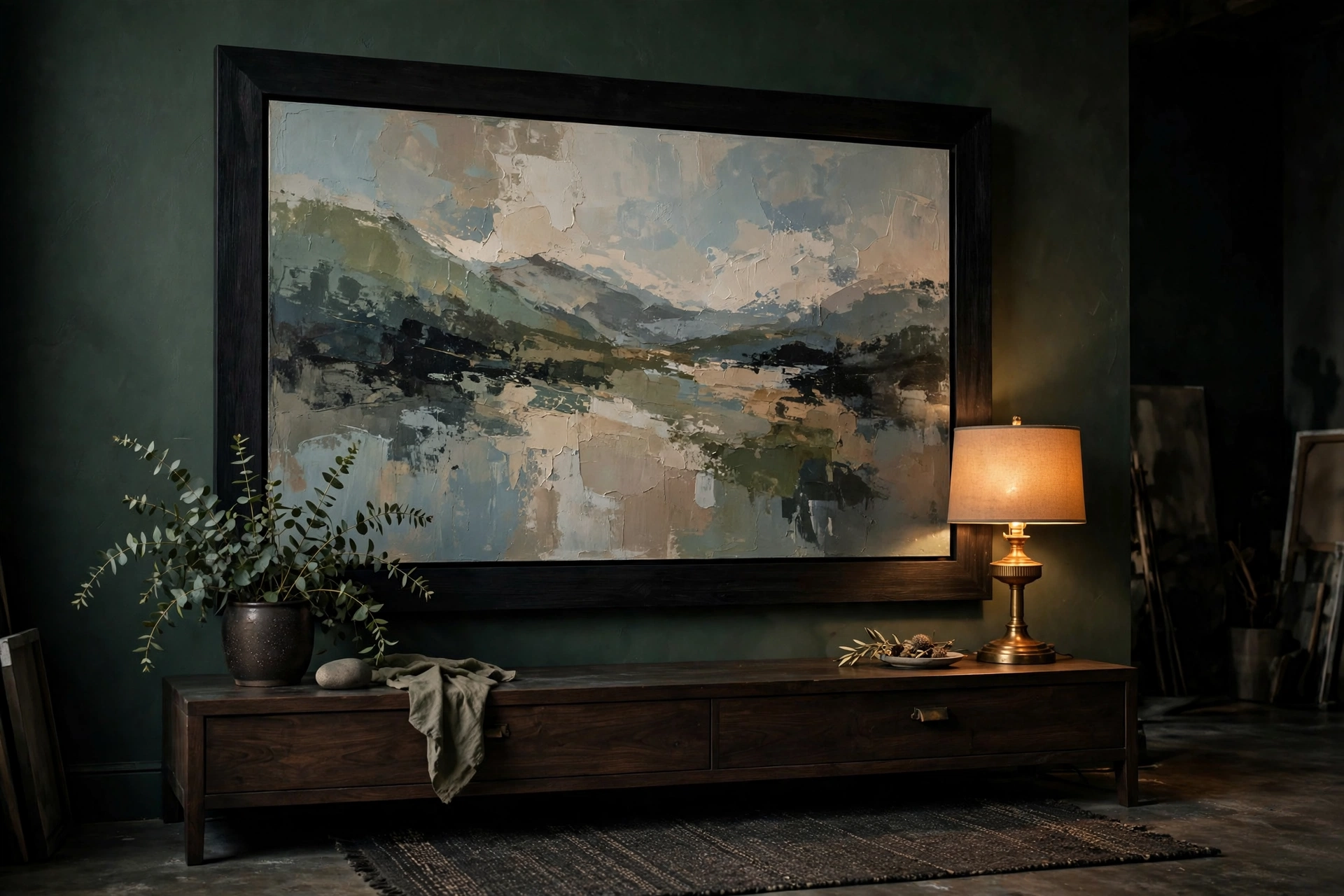 Oversized abstract art in a thick black frame on a dark green wall above a console in a moody studio