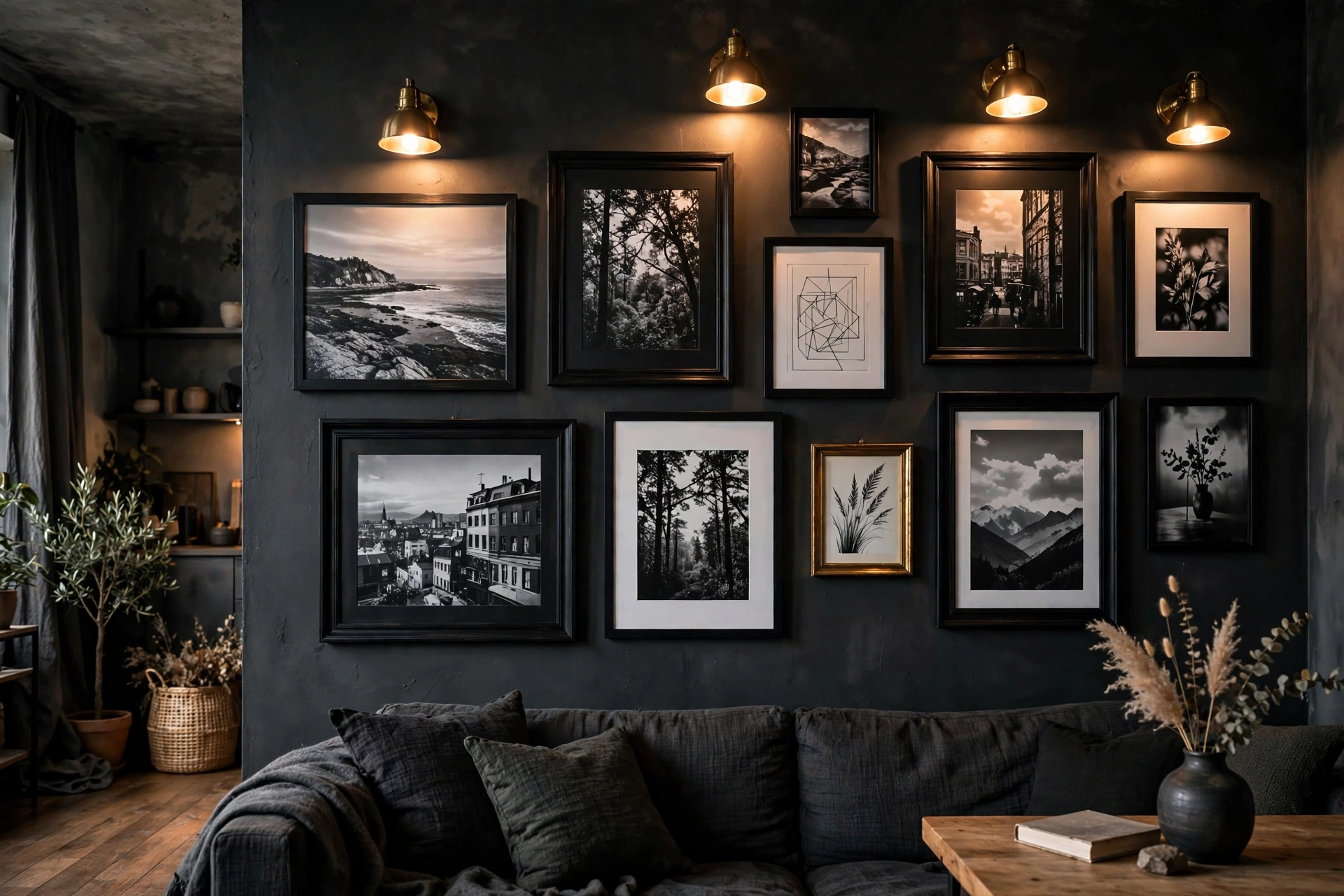 Gallery wall of black-framed prints and photographs on a charcoal wall in a moody studio