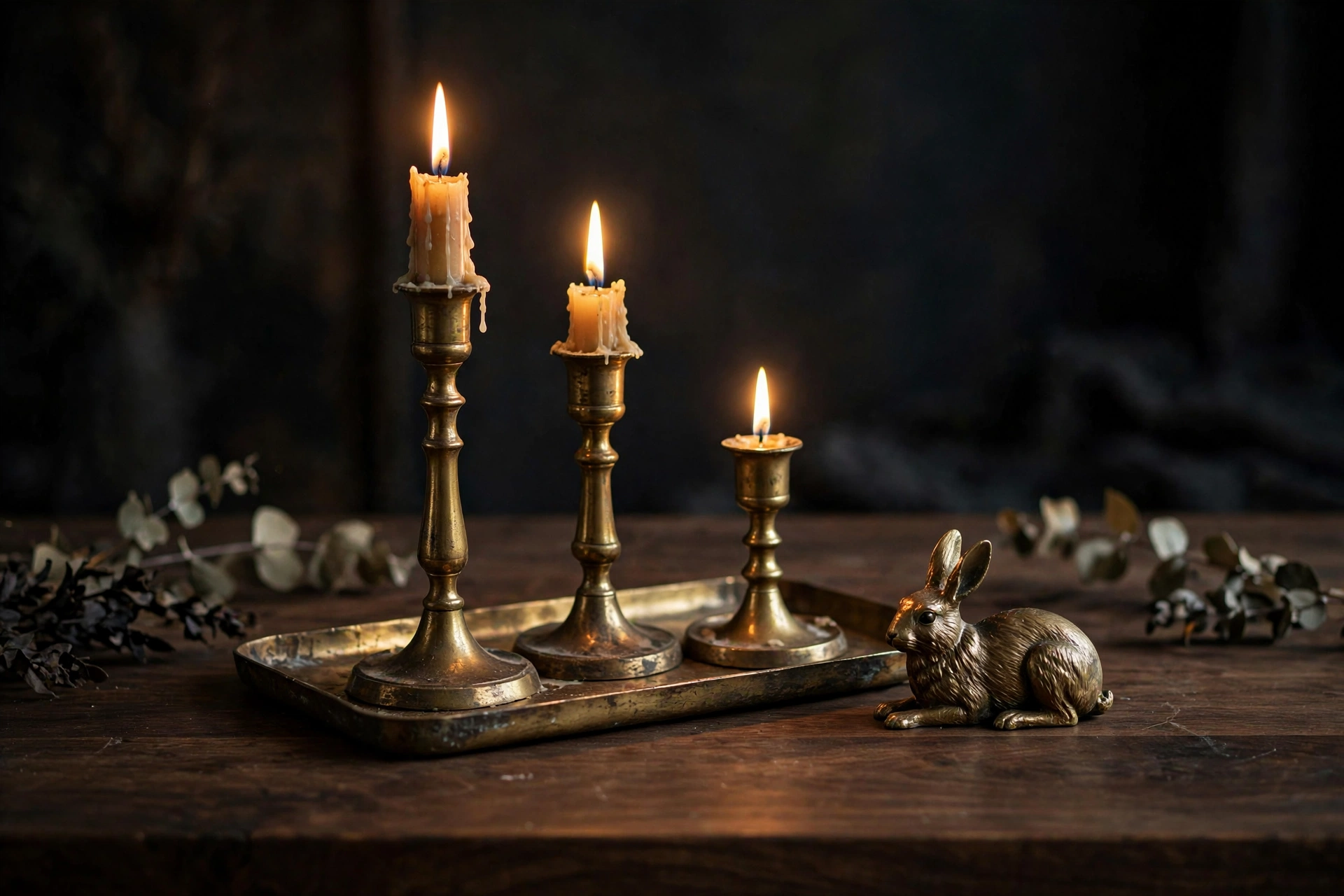 Styling vignette of brass candlesticks tray and small sculpture on a dark wood table in a moody studio
