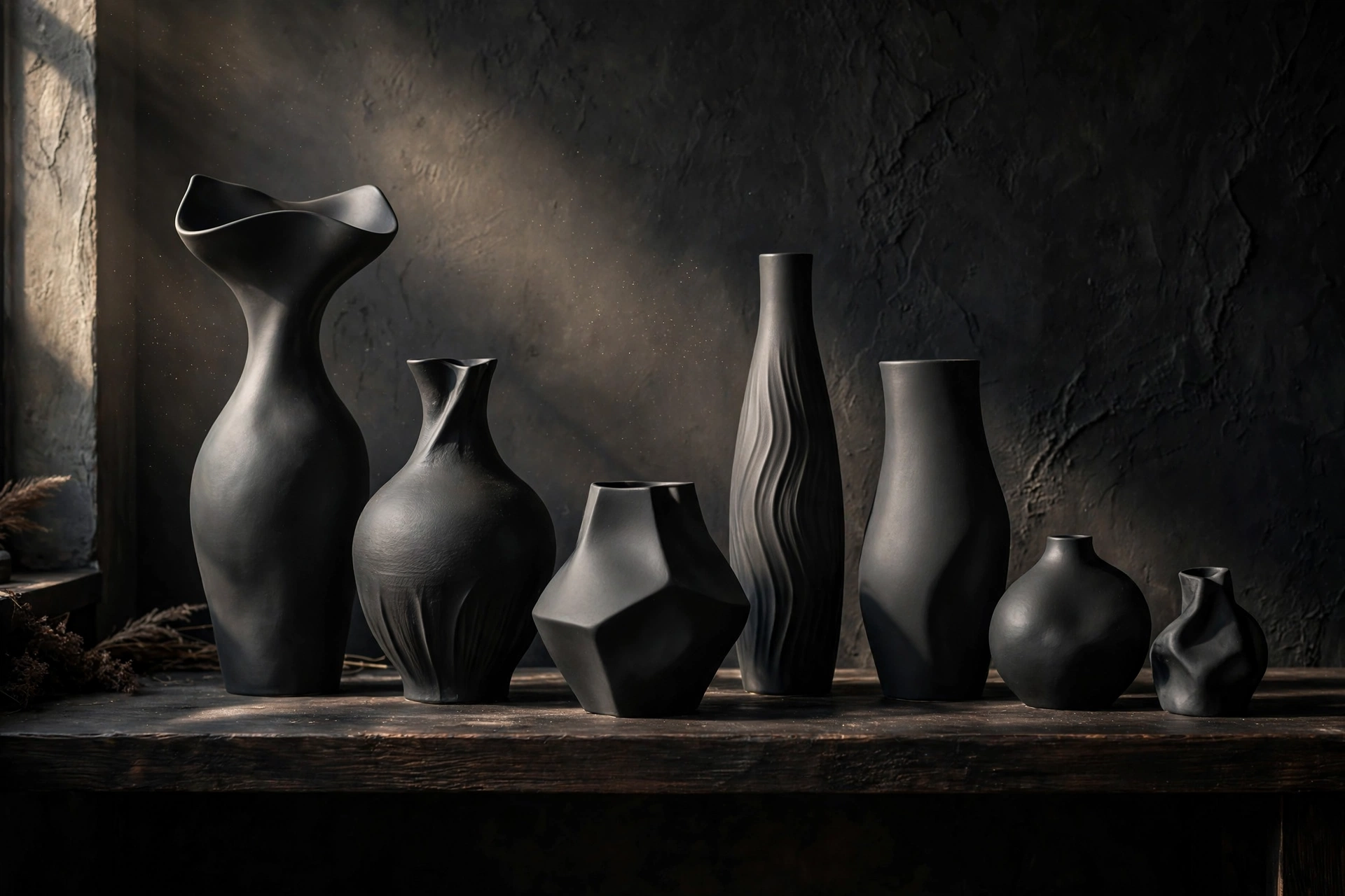 Collection of matte black ceramic vases of varying shapes on a dark shelf in a moody studio