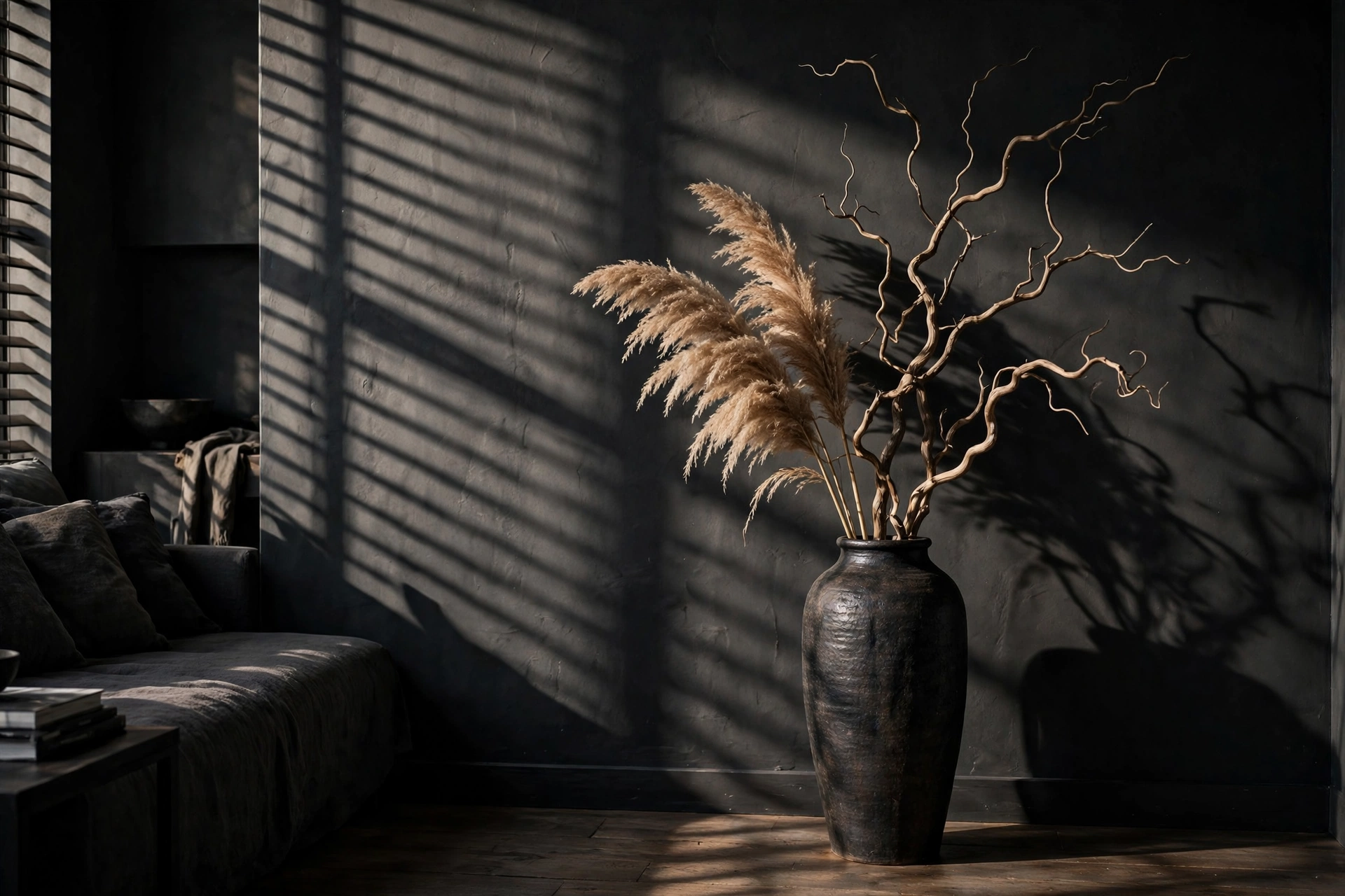 Tall vase with dried pampas grass and branches in a moody corner with dramatic shadows in a dark studio