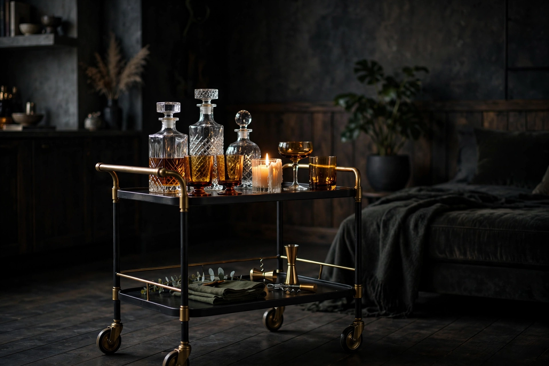Vintage-style black and brass bar cart styled with decanters and glassware in moody lighting